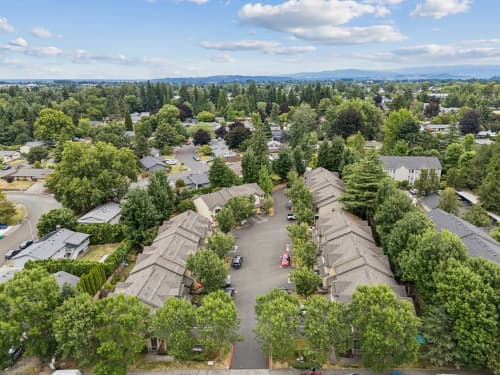 Aerial view of Roberts Court Townhomes surrounded by mature trees