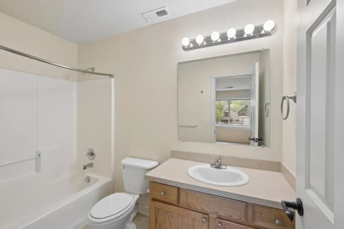 Full bathroom with wood vanity, tub and shower, and vanity lighting
