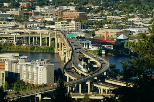 Aerial view of Portland highways and bridges over the Willamette River