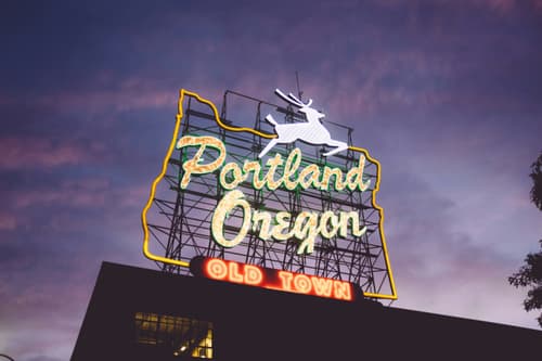 Portland Oregon Old Town neon sign at dusk